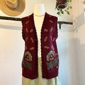 Vintage 90s Koret Burgundy Wool Knit Embroidered Sweater Vest Size Small